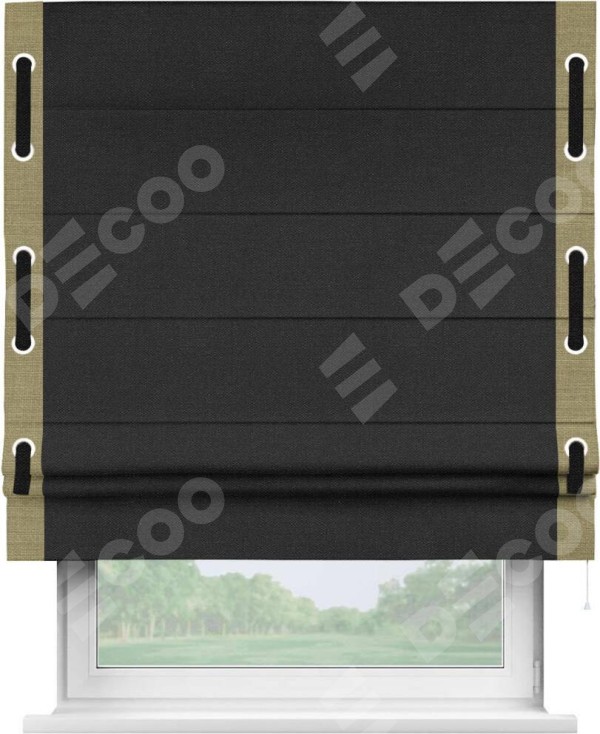 Римская штора «Кортин» с кантом Стрим Дуо (люверсы с пояском), для проема, ткань лён черный