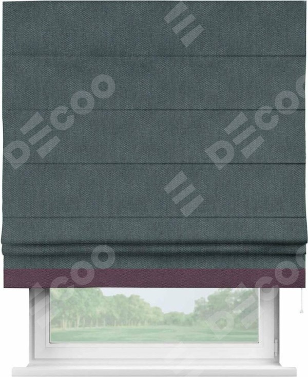 Римская штора «Кортин» с кантом Джестер, для проема, ткань лён димаут, серо-синий