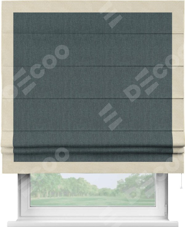 Римская штора «Кортин» с кантом Чесс, для проема, ткань лён димаут, серо-синий