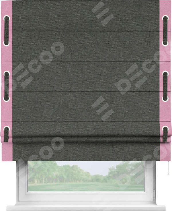 Римская штора «Кортин» с кантом Стрим Дуо (люверсы с пояском), для проема, ткань лён димаут, графитово-серый