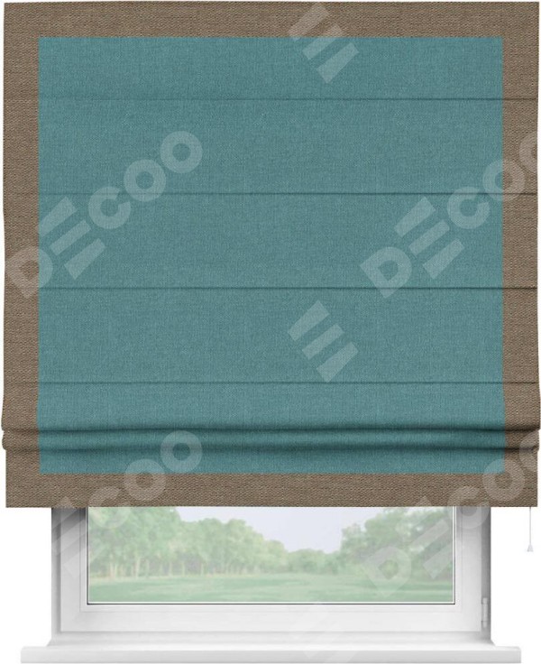 Римская штора «Кортин» с кантом Чесс, для проема, ткань лён бирюзовый