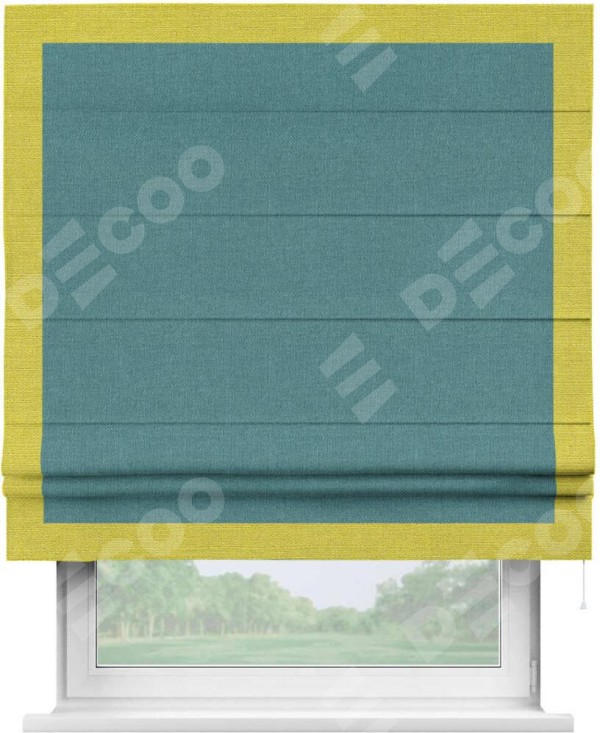 Римская штора «Кортин» с кантом Чесс, для проема, ткань лён бирюзовый