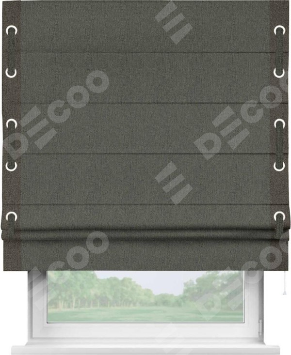 Римская штора «Кортин» с кантом Стрим Дуо (люверсы с пояском), для проема, ткань твид блэкаут, тёмно-серый