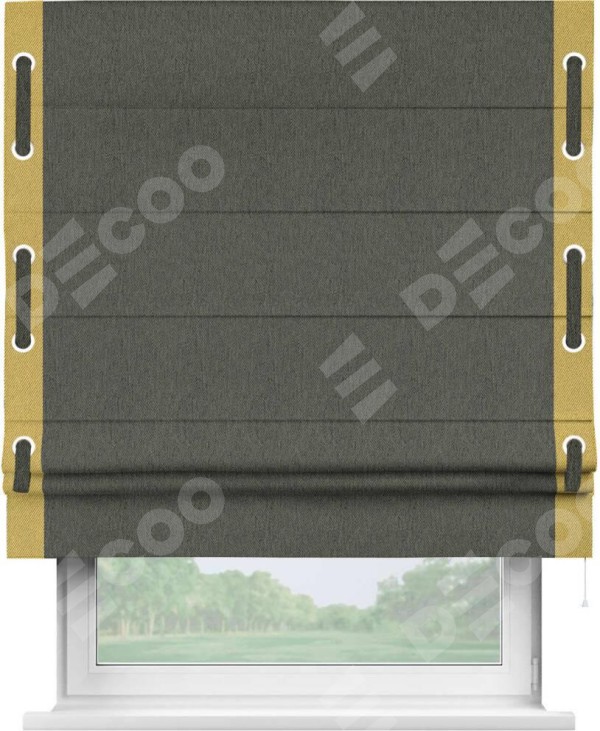 Римская штора «Кортин» с кантом Стрим Дуо (люверсы с пояском), для проема, ткань твид блэкаут, тёмно-серый