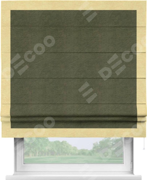 Римская штора «Кортин» с кантом Чесс, для проема, ткань софт однотонный зелёный