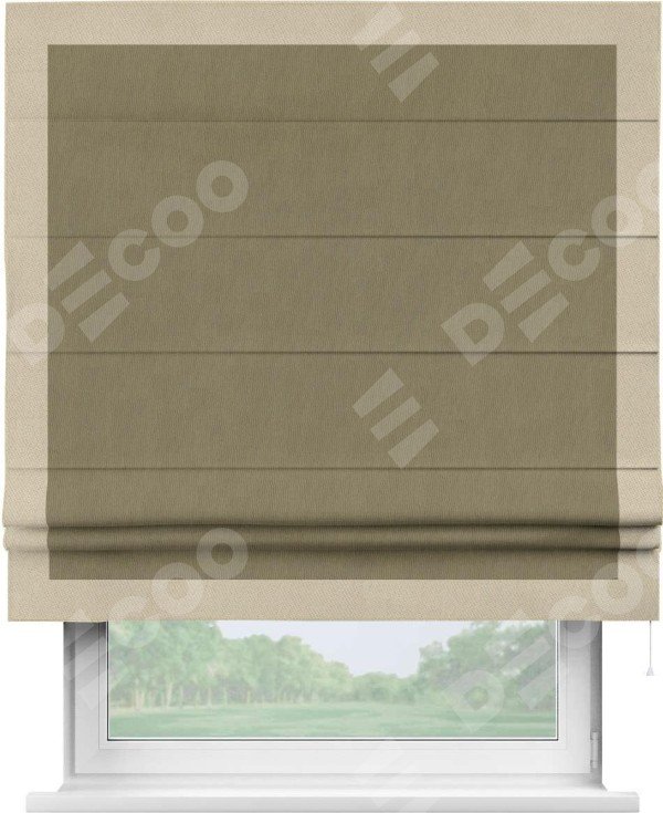 Римская штора «Кортин» с кантом Чесс, для проема, ткань блэкаут однотонный бежево-золотой