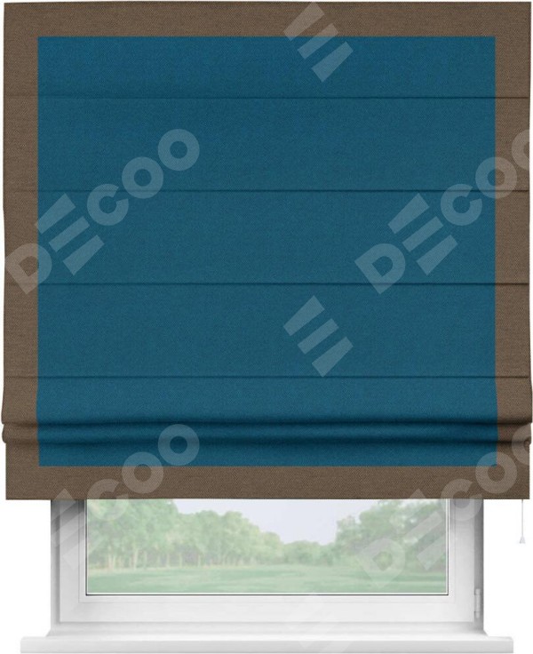 Римская штора «Кортин» с кантом Чесс, для проема, ткань лён димаут, синий