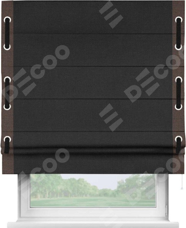 Римская штора «Кортин» с кантом Стрим Дуо (люверсы с пояском), для проема, ткань лён черный