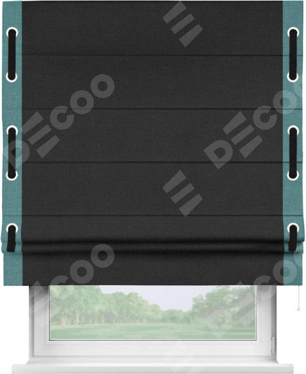 Римская штора «Кортин» с кантом Стрим Дуо (люверсы с пояском), для проема, ткань лён черный