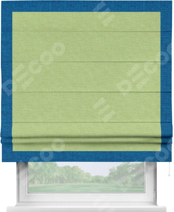 Римская штора «Кортин» с кантом Чесс, для проема, ткань лён зеленый