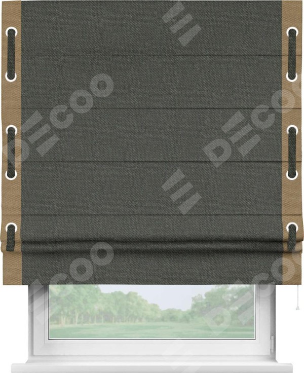 Римская штора «Кортин» с кантом Стрим Дуо (люверсы с пояском), для проема, ткань лён димаут, графитово-серый