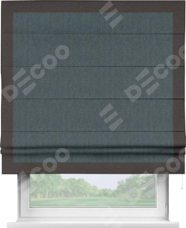 Римская штора «Кортин» с кантом Чесс, для проема, ткань лён димаут, серо-синий