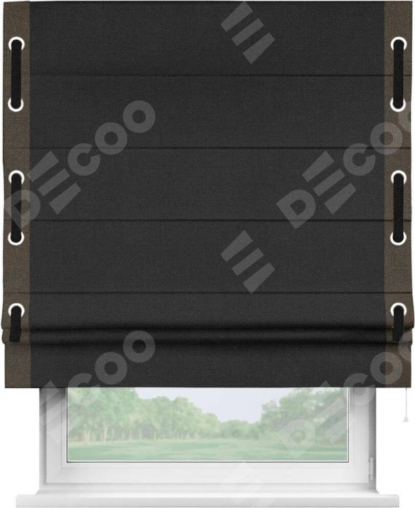 Римская штора «Кортин» с кантом Стрим Дуо (люверсы с пояском), для проема, ткань лён черный